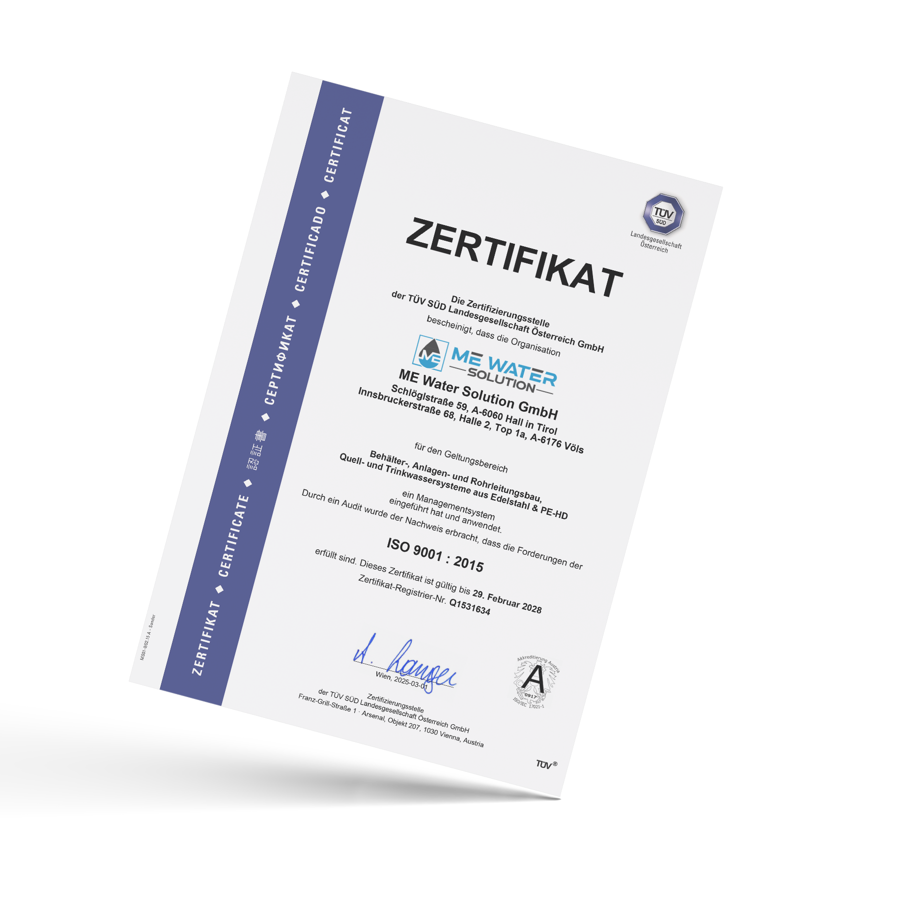 Zertifikat ME Water Solution ISO 9001:20215